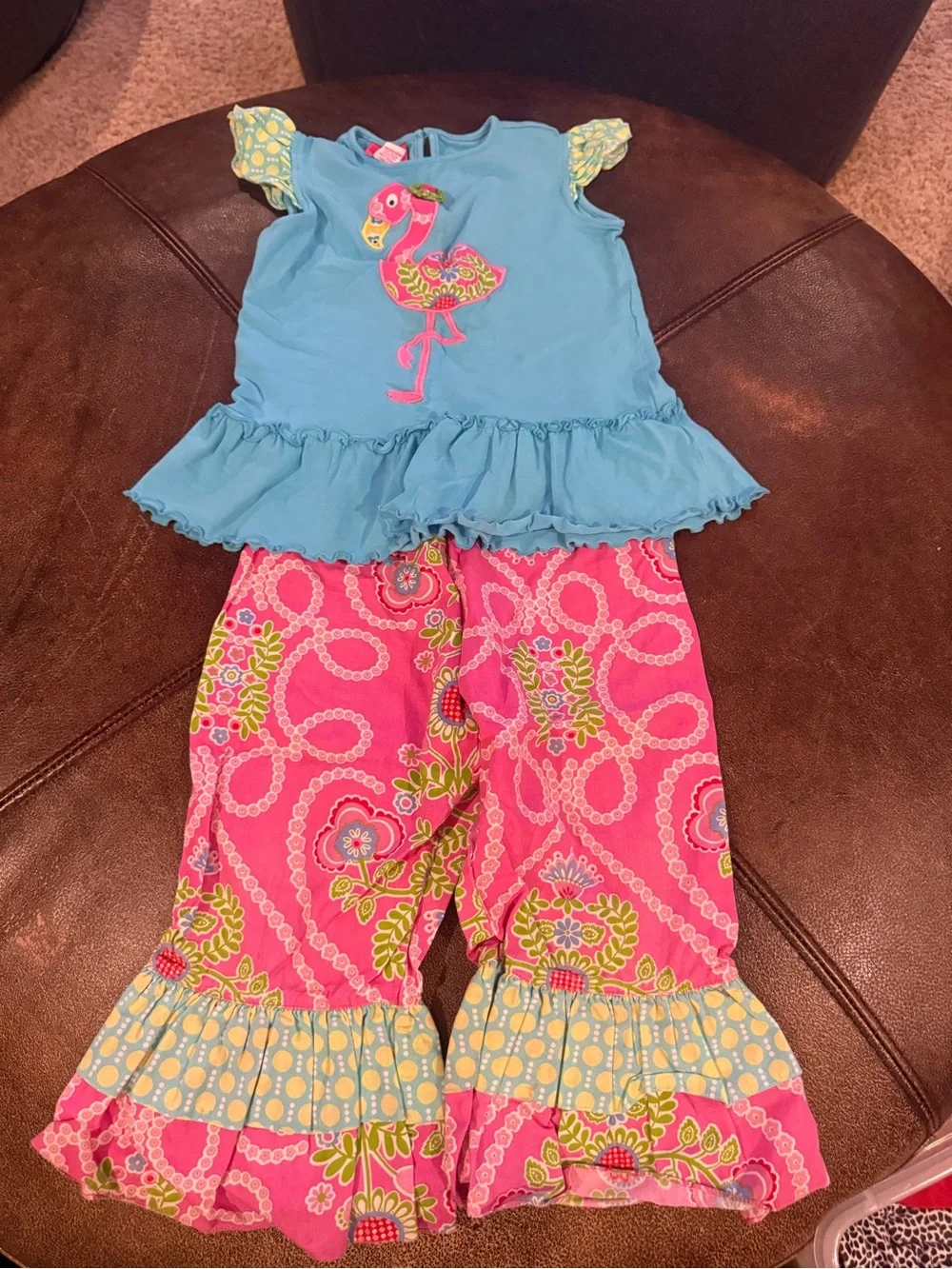 Blue Flamingo Top & Pink Patterned Ruffle Set for Kids